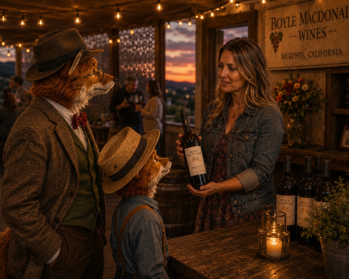 Professor Corksworth and Oliver standing beneath rooftop lights at Boyle MacDonald Wines in Murphys, California at night.