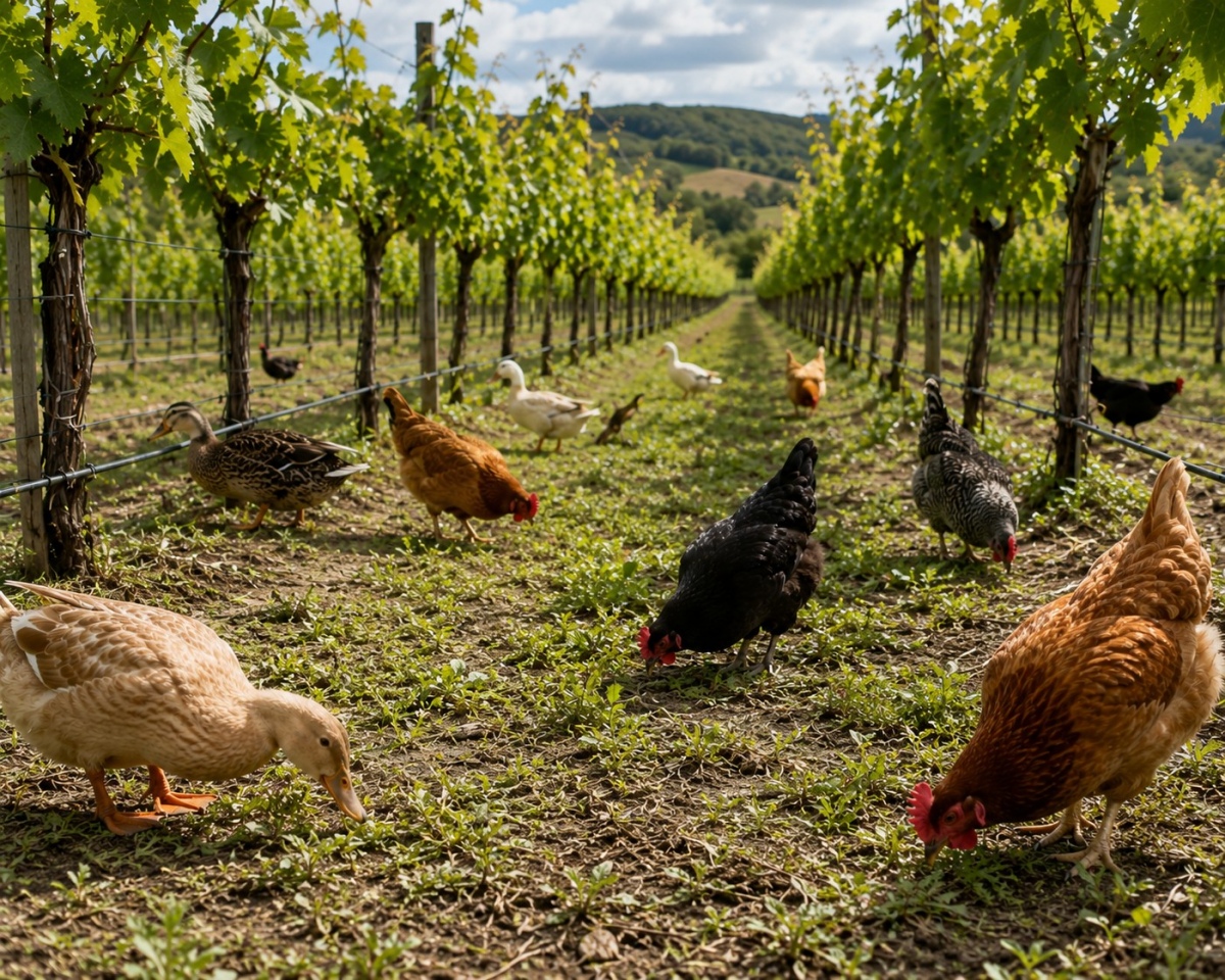 Ducks and guinea fowl search for weeds and insects between vineyard rows at Lesterland Winery in Fresno.