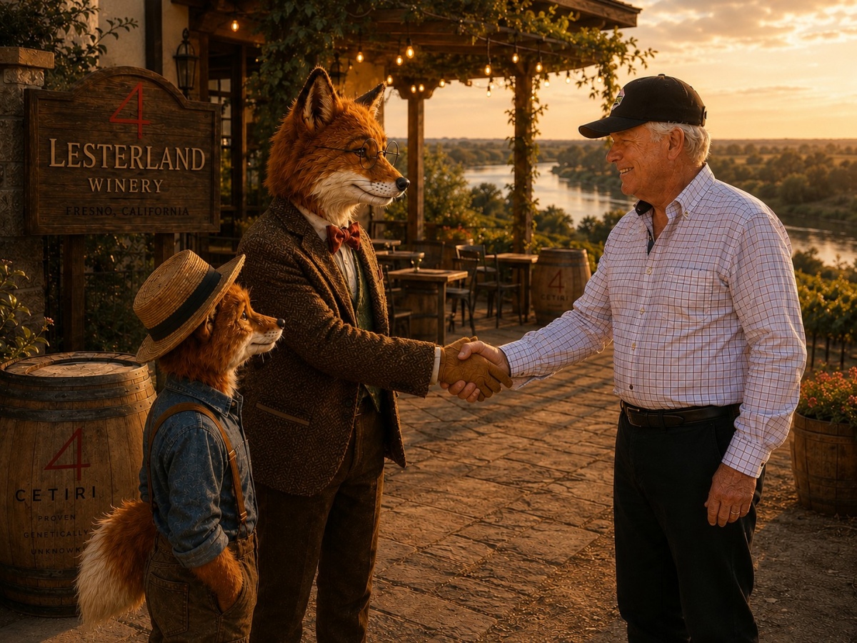 Professor Corksworth and Oliver are welcomed by Dr. Kevin Lester at Lesterland Winery