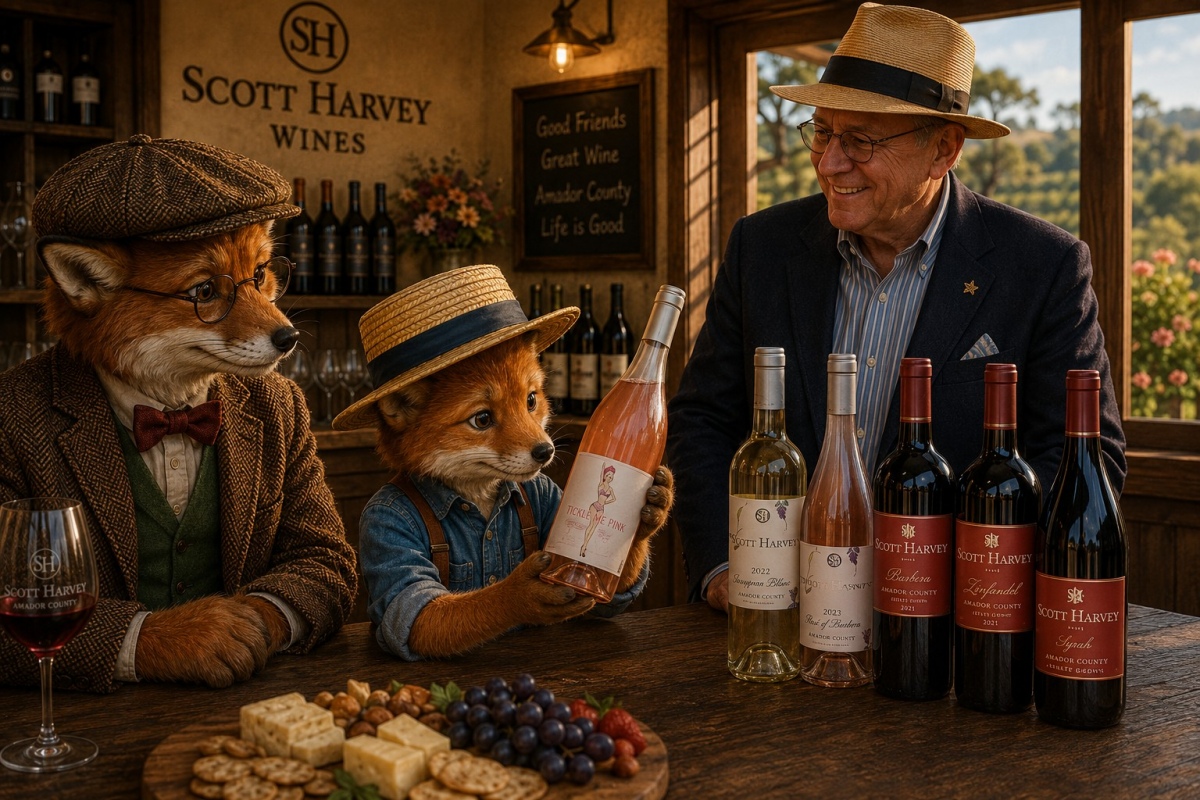 Oliver discovers Scott Harvey's playful Tickle Me Pink wine while everyone shares a laugh.