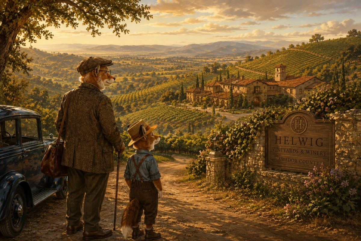 Alt Text: Professor Corksworth and Oliver arriving at Helwig Vineyards overlooking Shenandoah Valley vineyards.