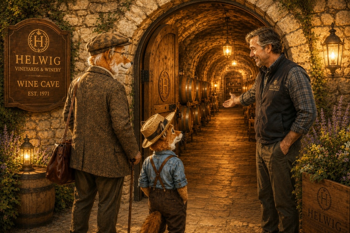 Professor Corksworth and Oliver preparing to enter Helwig's underground wine cave