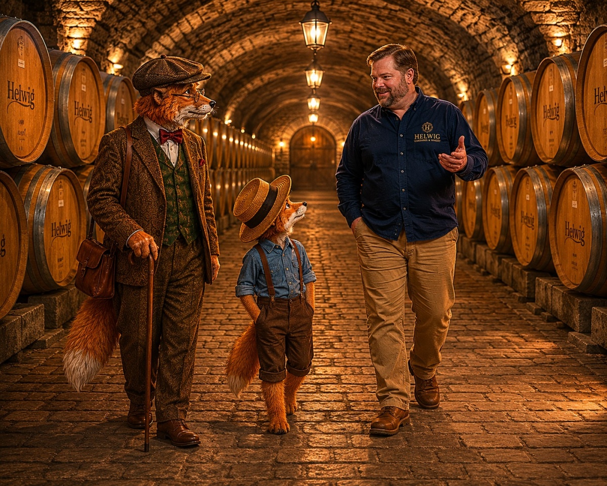 Professor Corksworth and Oliver walking through Helwig's barrel-lined wine cave.