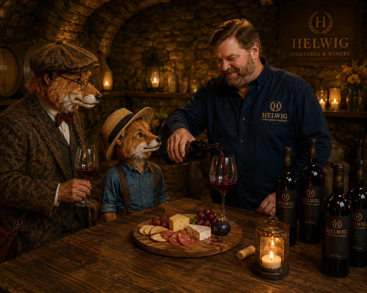 David Helwig pouring red wine for Professor Corksworth inside Helwig Winery's underground cave tasting room.