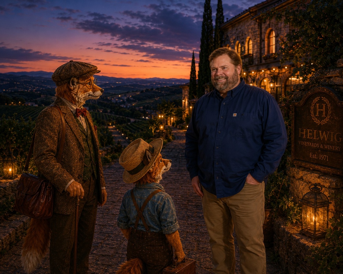Professor Corksworth and Oliver saying farewell to David Helwig at Helwig Winery at twilight.