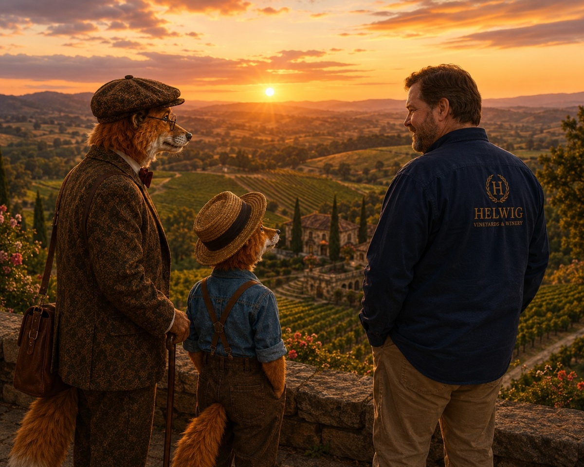 Professor Corksworth, Oliver, and David Helwig overlooking Shenandoah Valley at sunset.