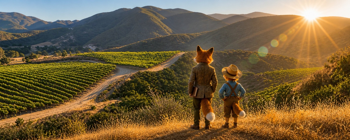 Corksworth and Oliver standing on vineyard ridge at golden hour overlooking Santa Lucia Highlands