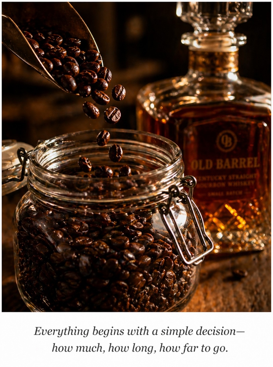 Medium roast coffee beans beside a glowing glass of bourbon under warm light
