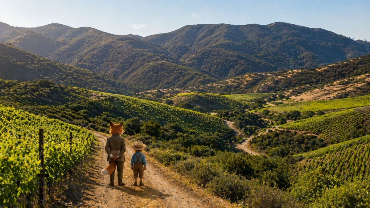 Rolling vineyard hills in Santa Lucia Highlands with Corksworth and Oliver walking a dirt path