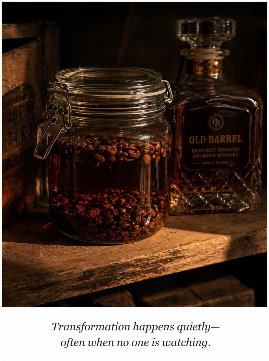 Glass jar with coffee beans infusing in bourbon on wooden shelf in low light