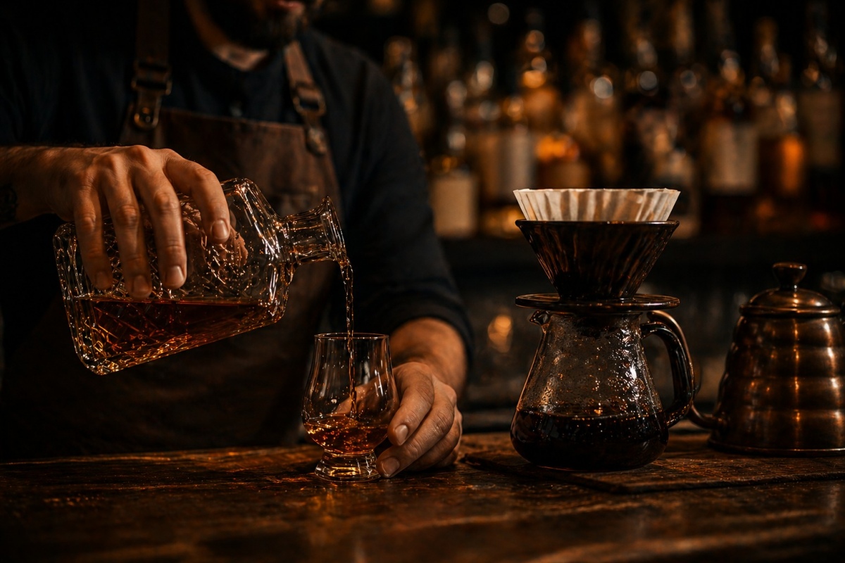 An intimate bar scene: a bartender gently pouring bourbon into a small glass while a pour-over coffee setup sits nearby. Background softly blurred, suggesting depth and atmosphere.