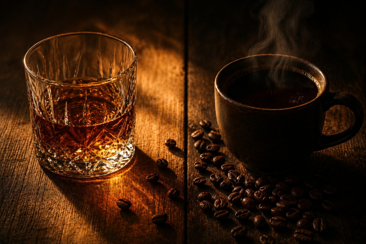 Split composition: on one side, a glass of bourbon glowing amber; on the other, a dark cup of coffee. The two are connected by a shared light source, visually linking them.