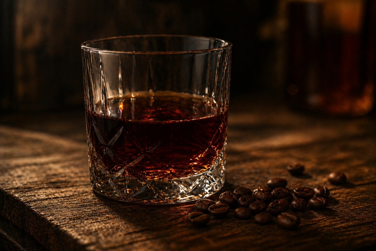 A single rocks glass filled with coffee-infused bourbon, placed on a rustic table. A few coffee beans rest beside it. The lighting is low and moody, with a soft highlight on the liquid’s surface.