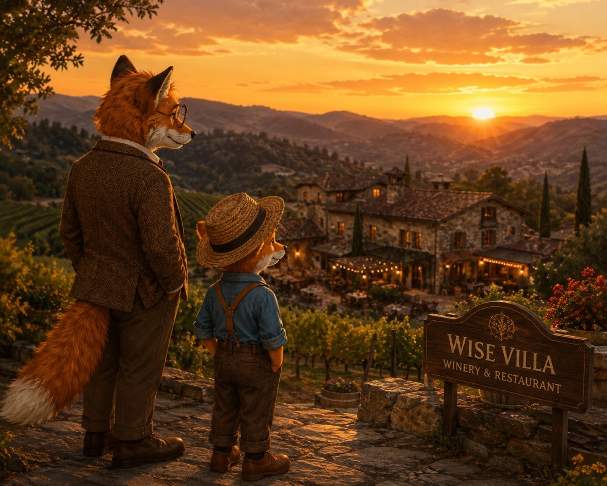 Professor Corksworth and Oliver reflecting on their visit to Wise Villa Winery & Restaurant at sunset.