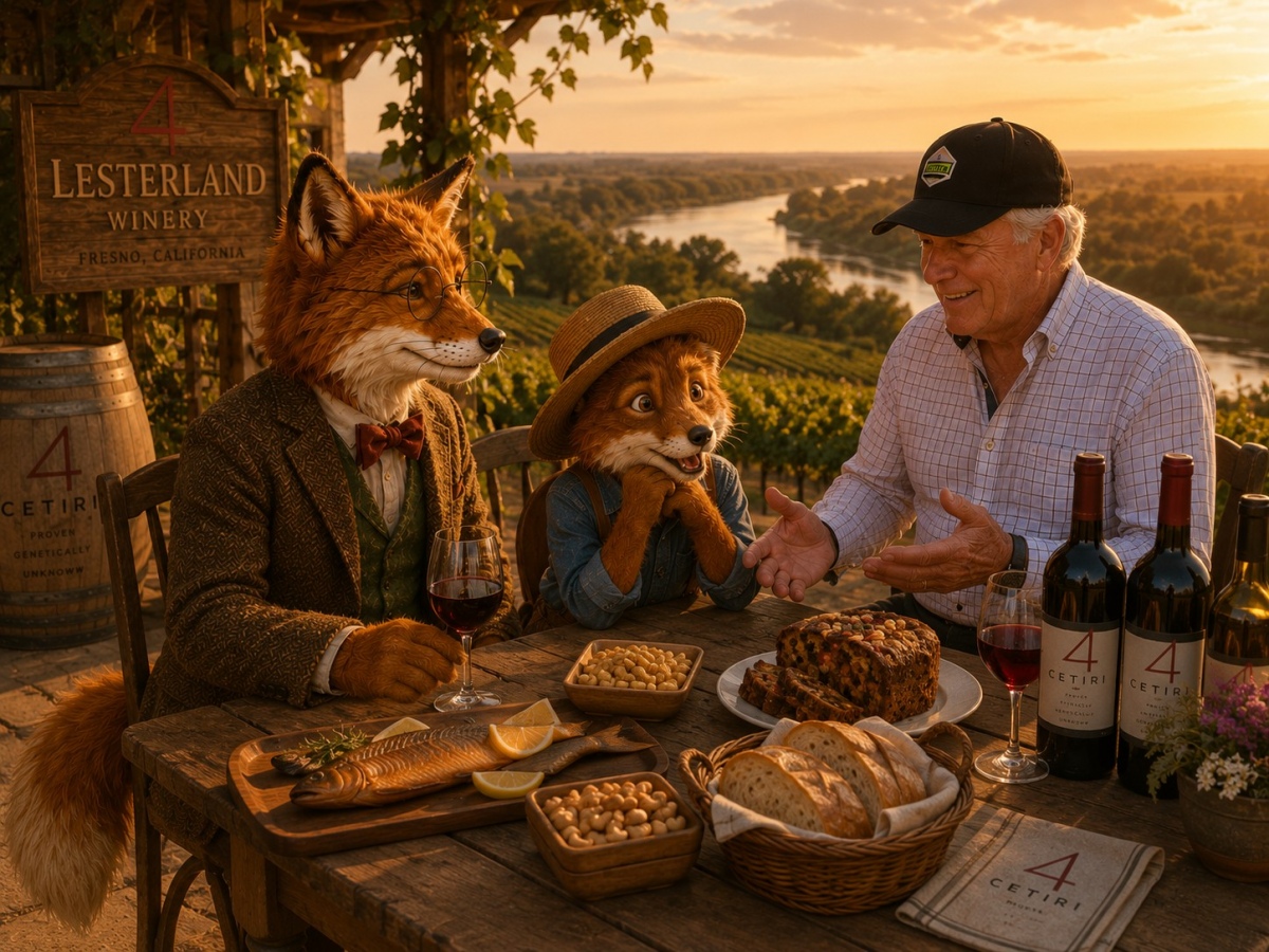 Dr. Kevin Lester, Professor Corksworth, and Oliver share smoked trout, cashews, and fruit cake with wine at a table outdoors