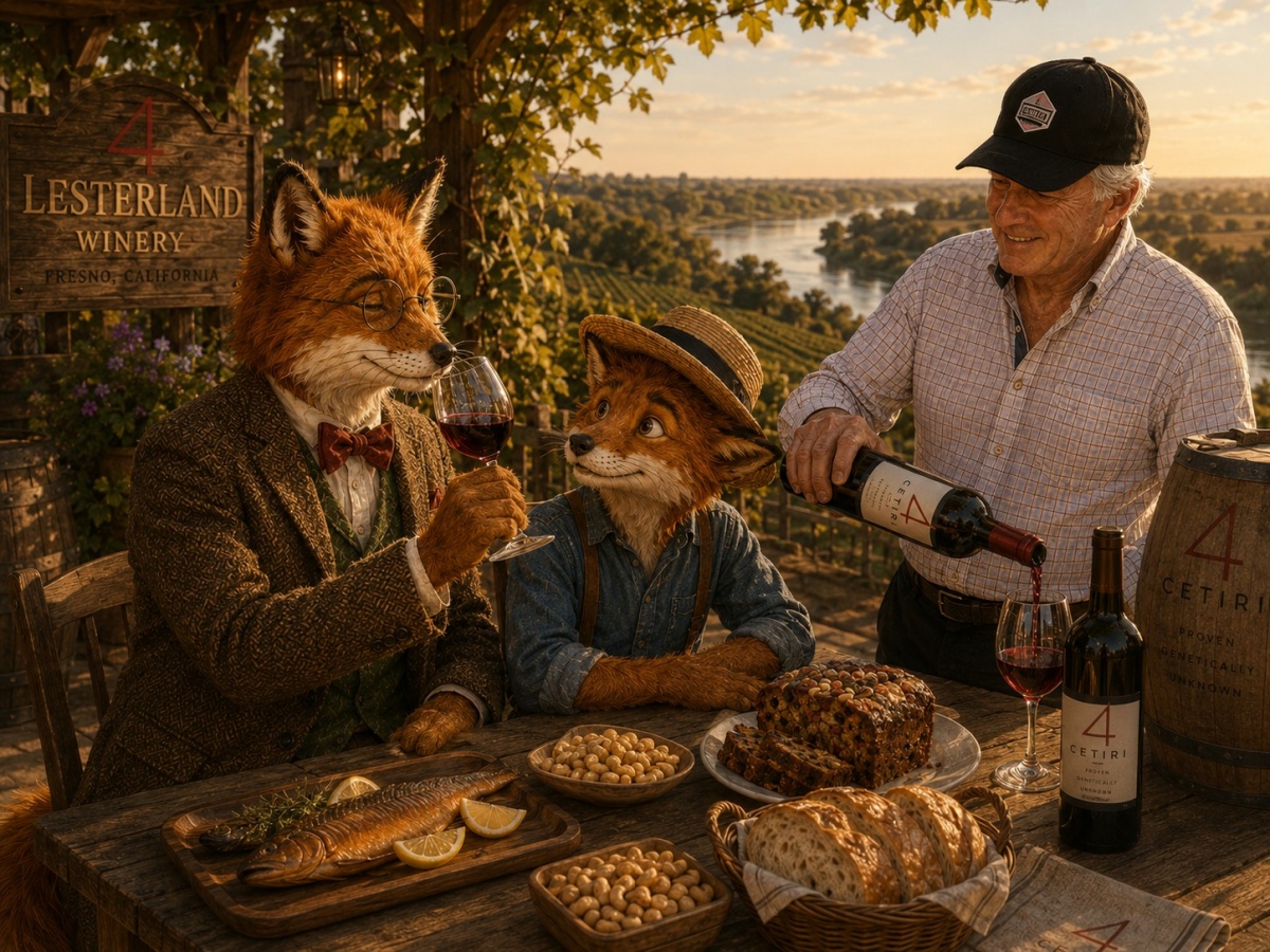 Dr. Lester pours wine for the Professor and Oliver during an afternoon tasting at Lesterland Winery