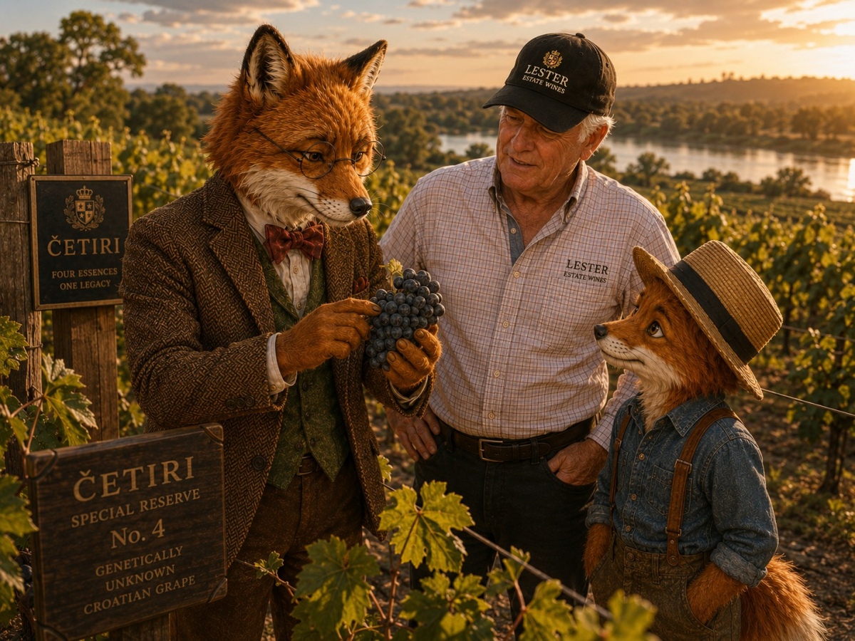 Professor Corksworth examines a cluster of the genetically unknown Croatian grape while Dr. Kevin Lester and Oliver stand beside him in the vineyard.