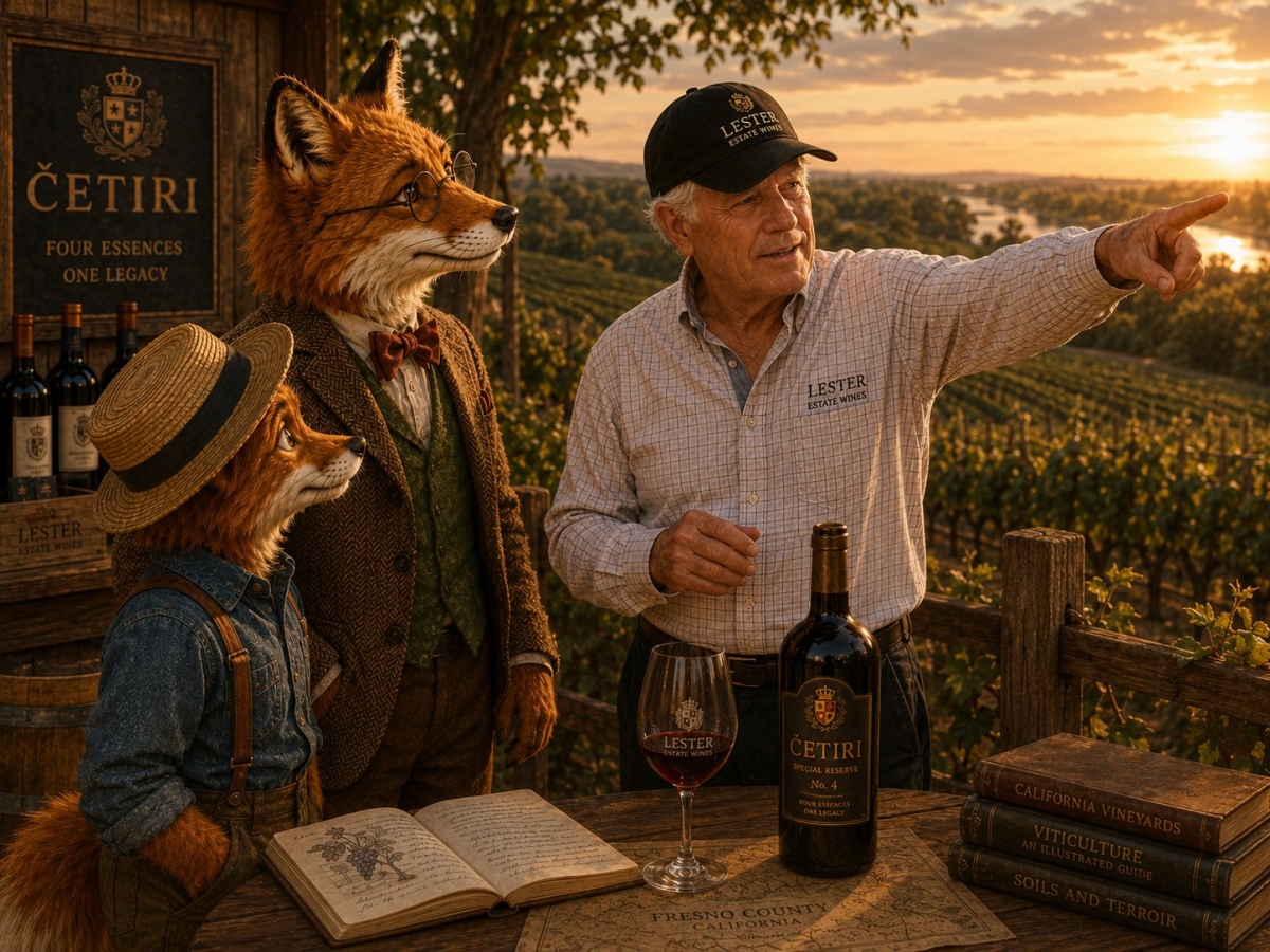 Dr. Kevin Lester points across the vineyard while explaining to Professor Corksworth and Oliver how a close friend planted four acres of the unknown Croatian grape.