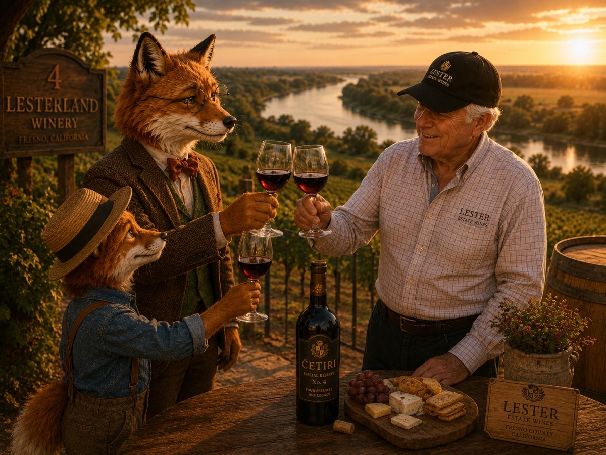 Dr. Kevin Lester, Professor Corksworth, and Oliver raise their wine glasses during a final toast overlooking the Lesterland vineyard and San Joaquin River.