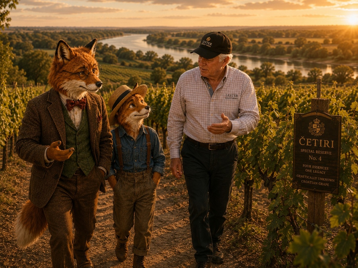 Professor Corksworth, Oliver, and Dr. Kevin Lester walk through the vineyard beside the San Joaquin River while discussing Central Valley winemaking.