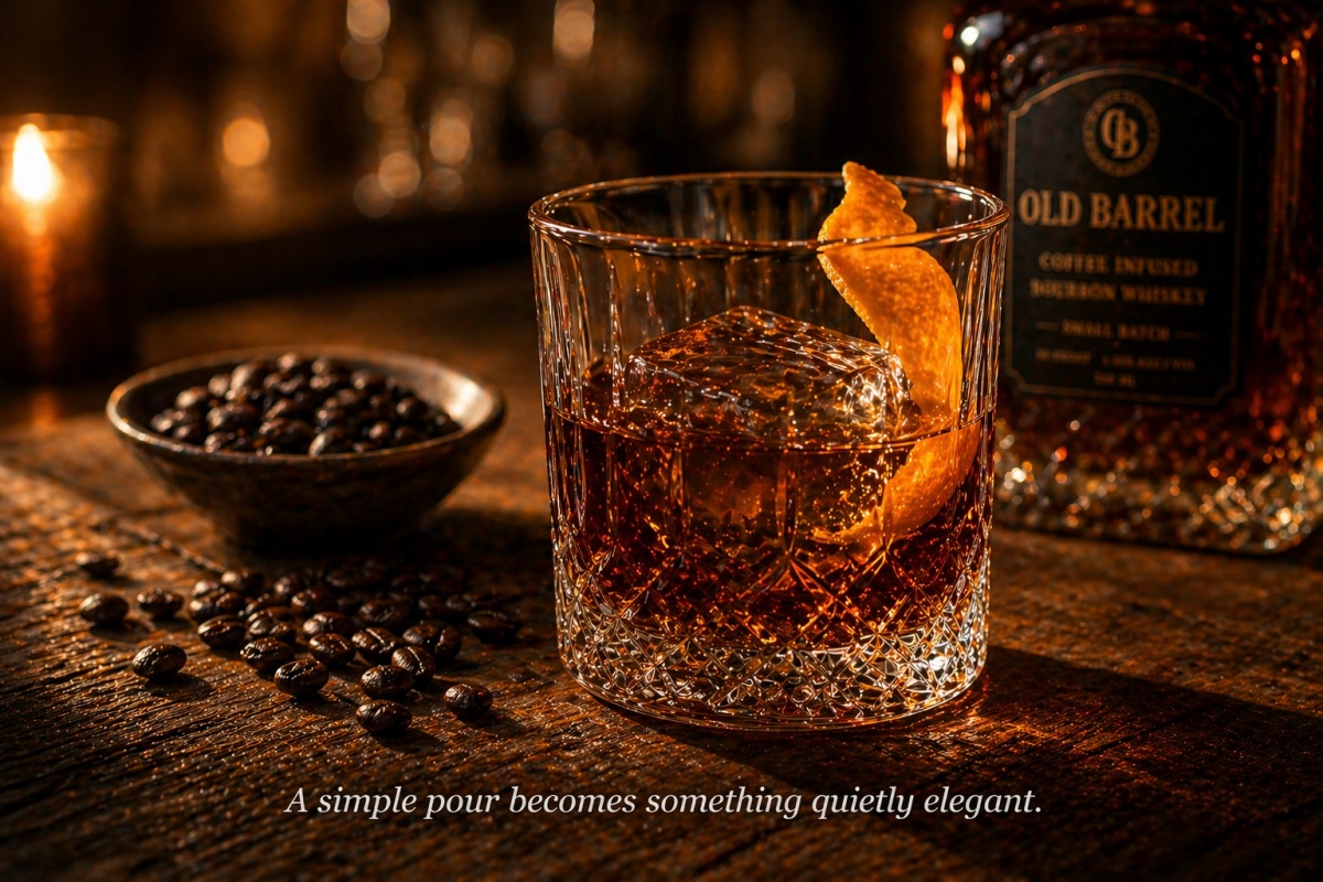 A rocks glass of coffee-infused bourbon on a wooden table with soft bar lighting and coffee beans nearby.