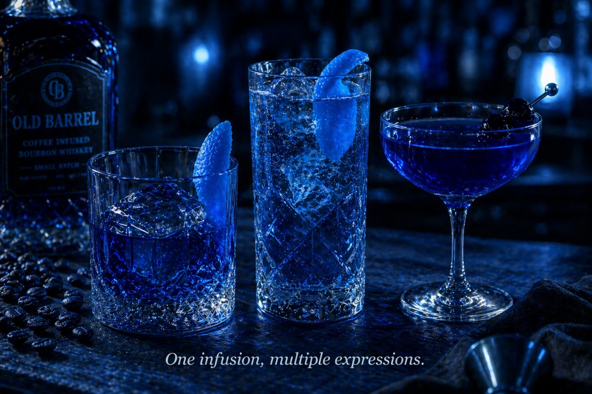 Three cocktails: Old Fashioned, Highball, Manhattan with warm bar lighting.