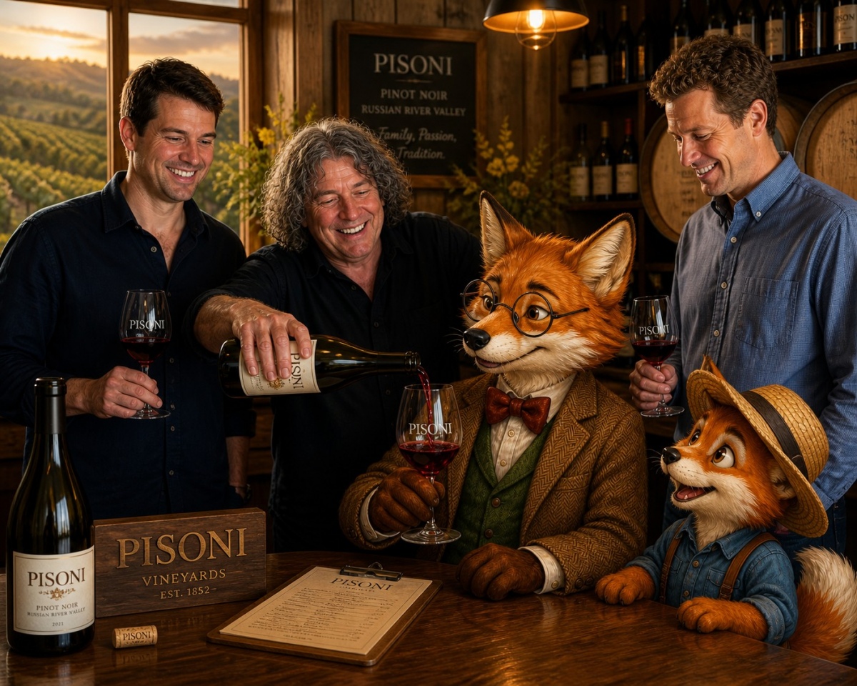 Gary Pisoni pouring a glass of his Pinot Noir for Professor Corksworth in tasting room with his sons