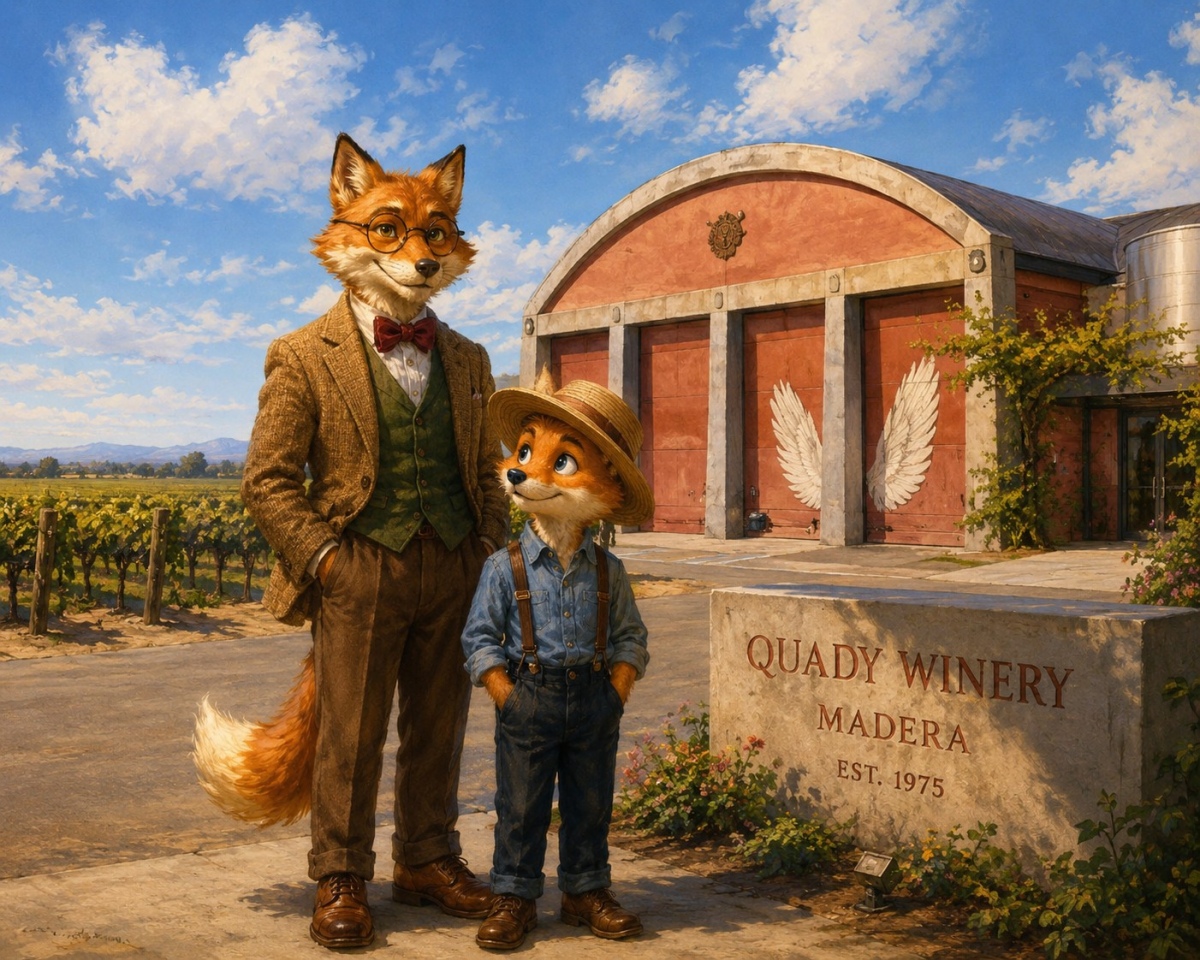 Professor Corksworth and Oliver arriving at Quady Winery in California's Central Valley.