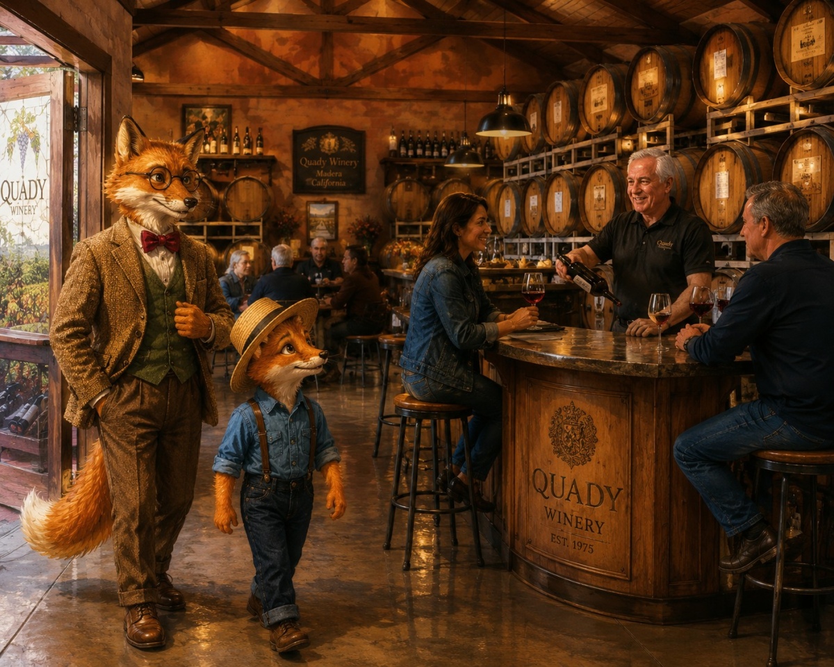 Professor Corksworth and Oliver exploring Quady Winery's welcoming tasting room.