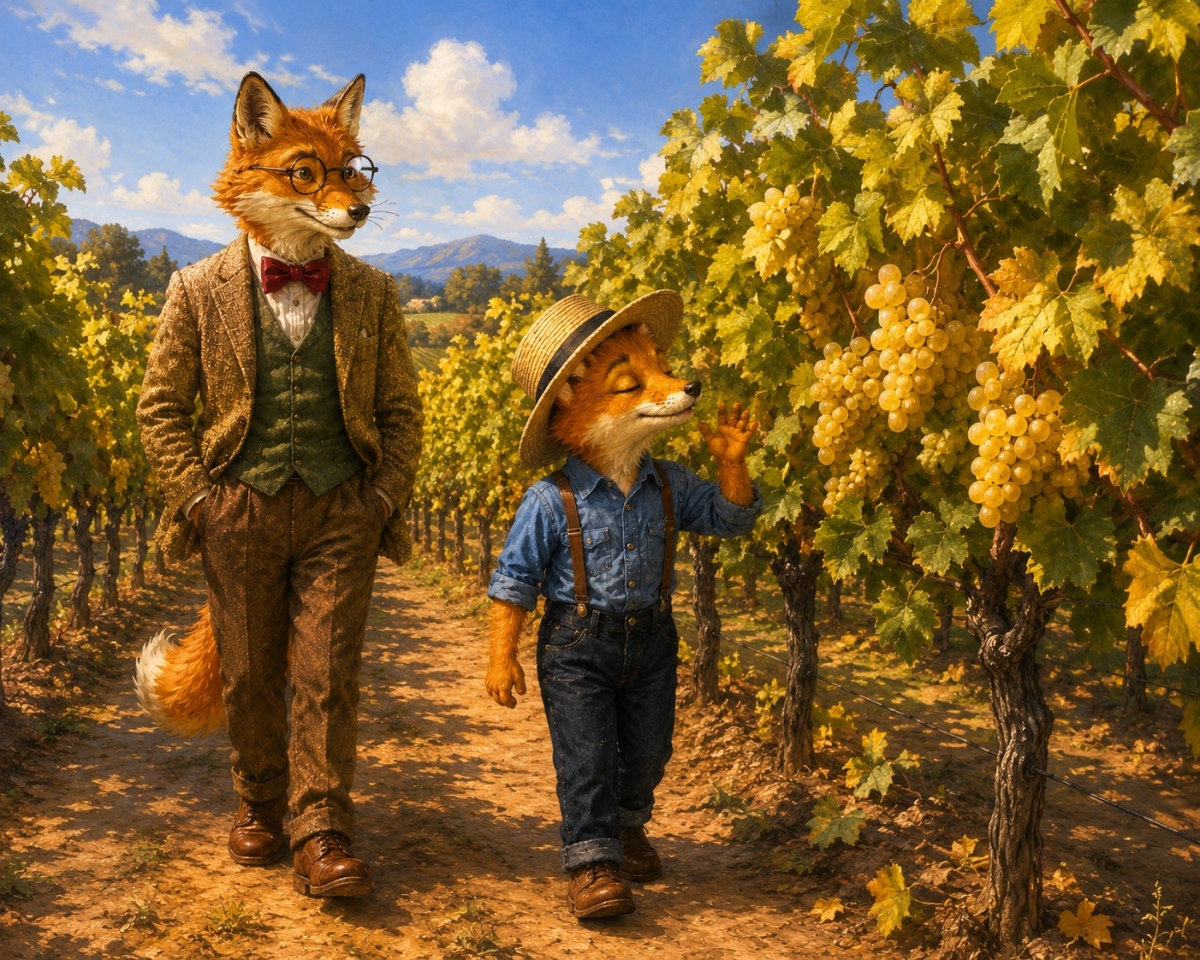 Professor Corksworth and Oliver walking through Muscat vineyards at Quady Winery.