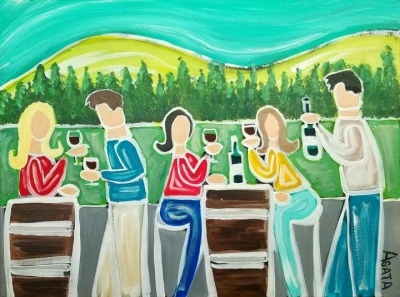 artist painting of people enjoying wine outdoors