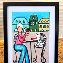 Painting by Agata Zaborowski - enjoying wine with pet cat