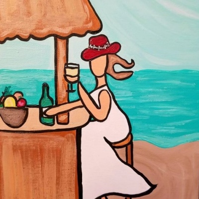 women, wine bar at beach 