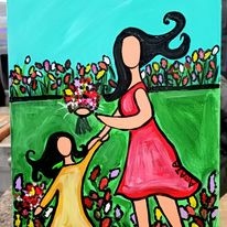 woman and child in flower garden