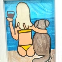 Woman with dog enjoying wine 