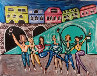 Painting by Agata Zaborowski women enjoying wine