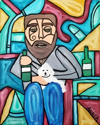 Painting of man sitting with dog and bottle of wine