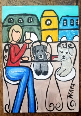 woman with dogs enjoying cider - Wine Artist Agata Zomborowski