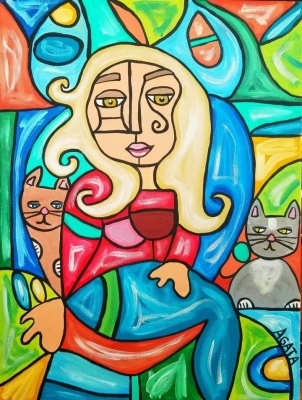 painting of woman drinking a glass of wine with her two cats