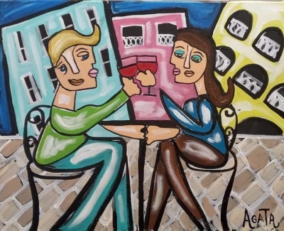 Painting - couple enjoying wine