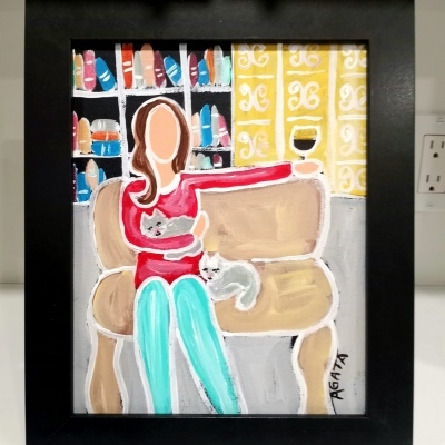 Painting by Agata Zaborowski - woman enjoying a glass of wine on couch