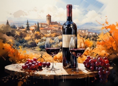 glasses of wine and grapes with a Chateau in the background - Pixabay