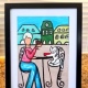 Painting woman at table with cat and glass of wine 