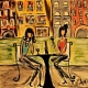 two women at table with wine