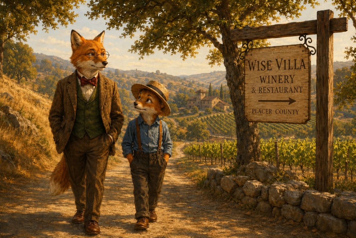 Professor Corksworth and Oliver arriving at Wise Villa Winery & Restaurant in Placer County.