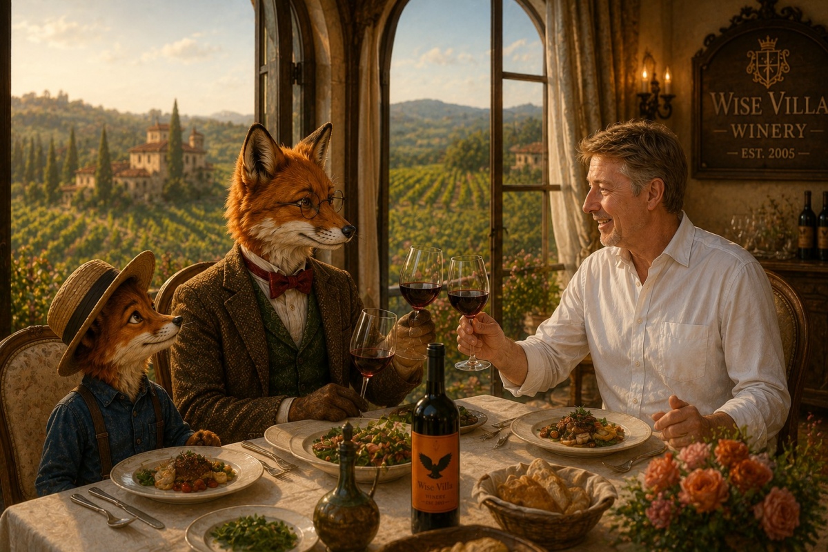 Dining experience at Wise Villa Winery & Restaurant overlooking Placer County vineyards.