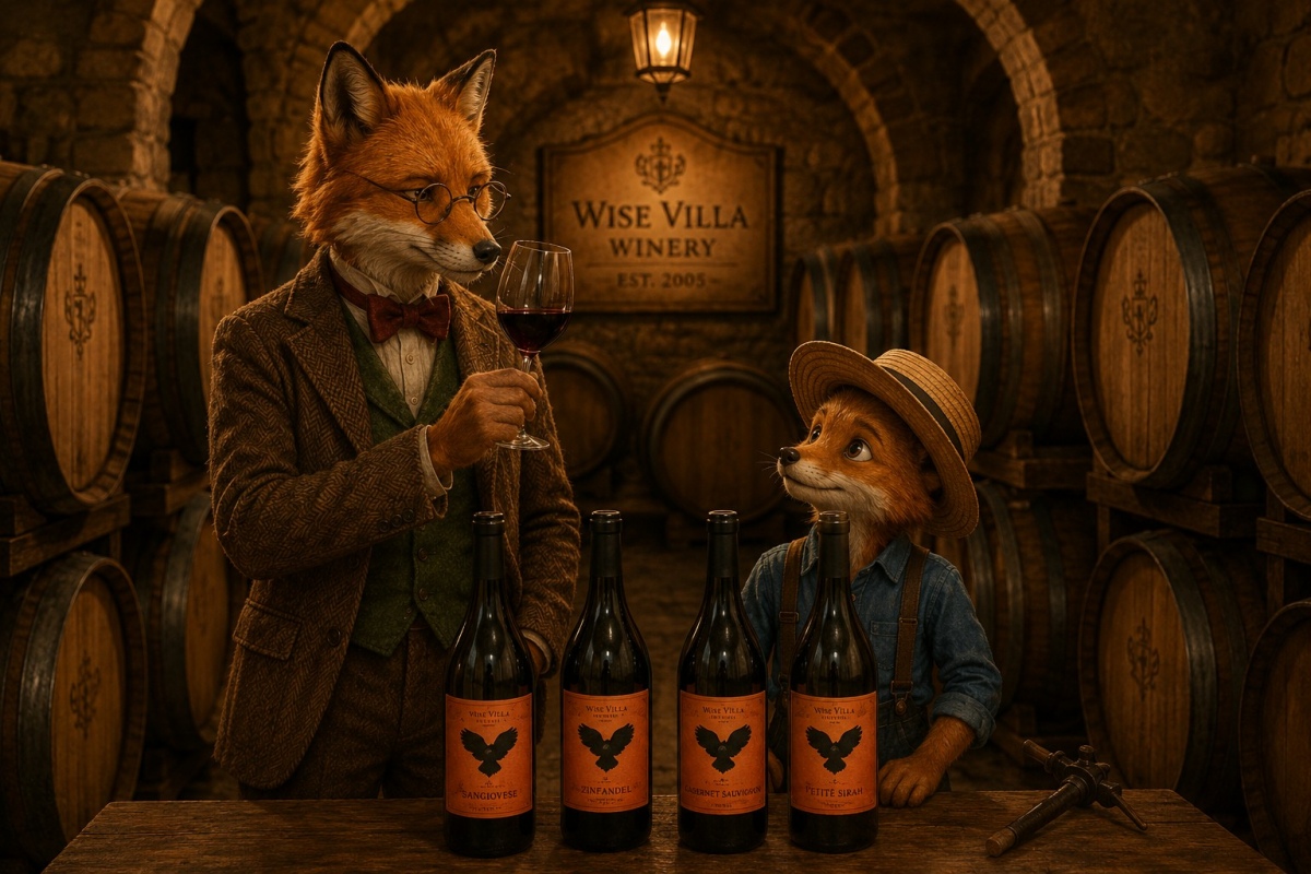 Professor Corksworth and Oliver inside the Wise Villa Winery & Restaurant barrel room.